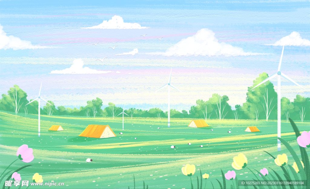 小清新春天唯美浪漫花草治愈插画