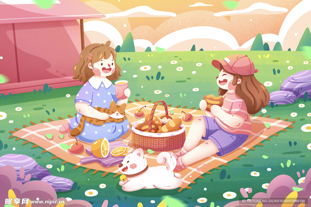 女孩郊游清新插画