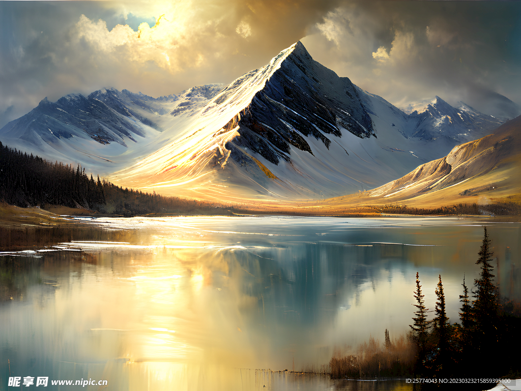 油画雪山风景