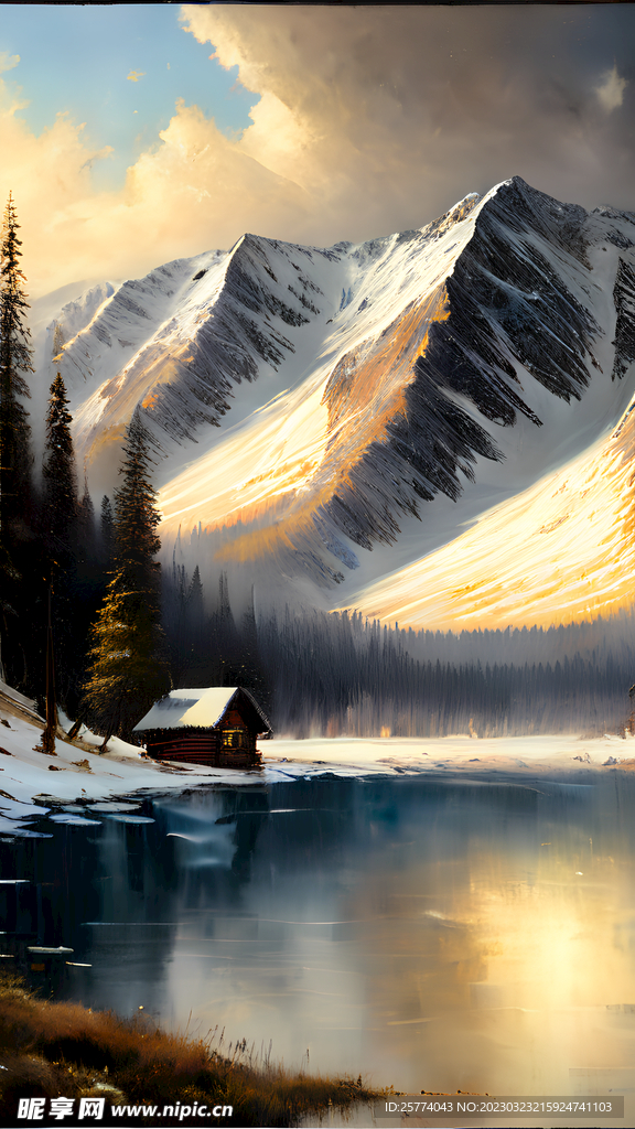 油画雪山风景