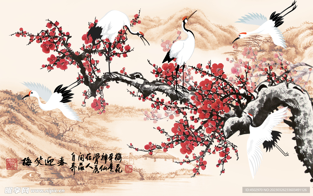 梅笑迎春墙画