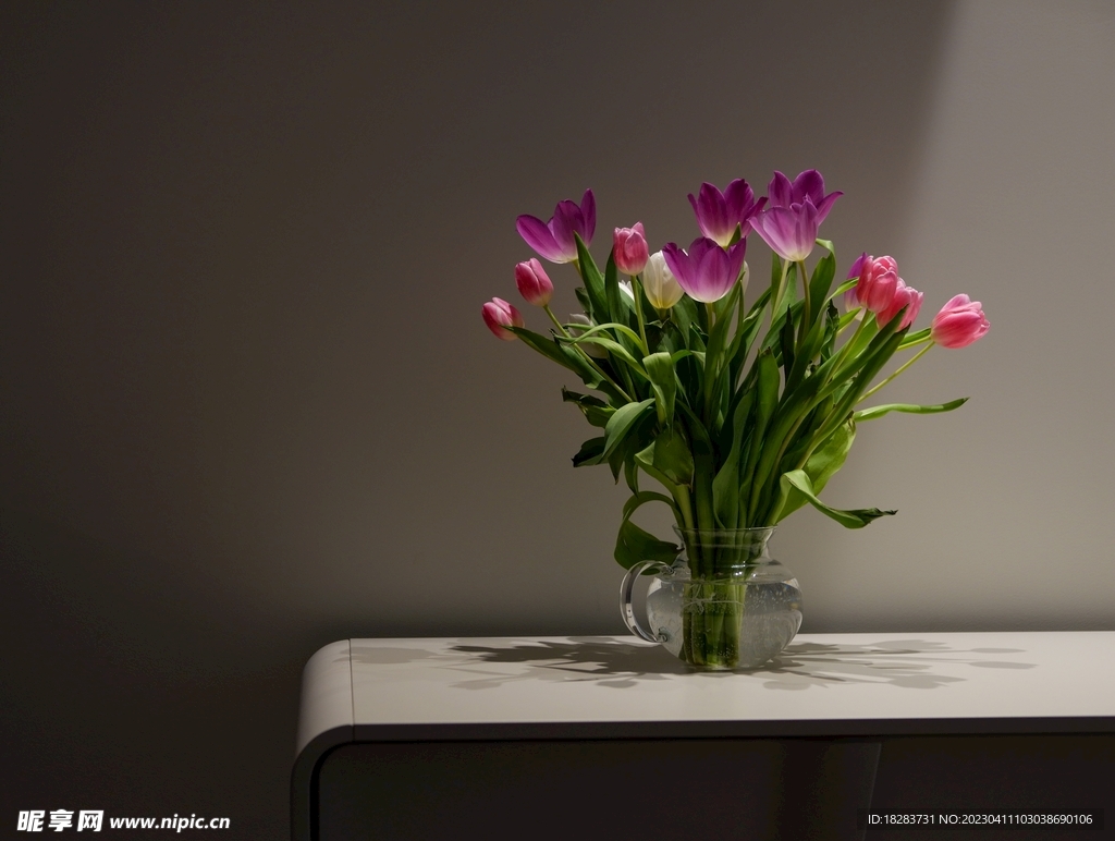 玻璃中的郁金花静物盆景