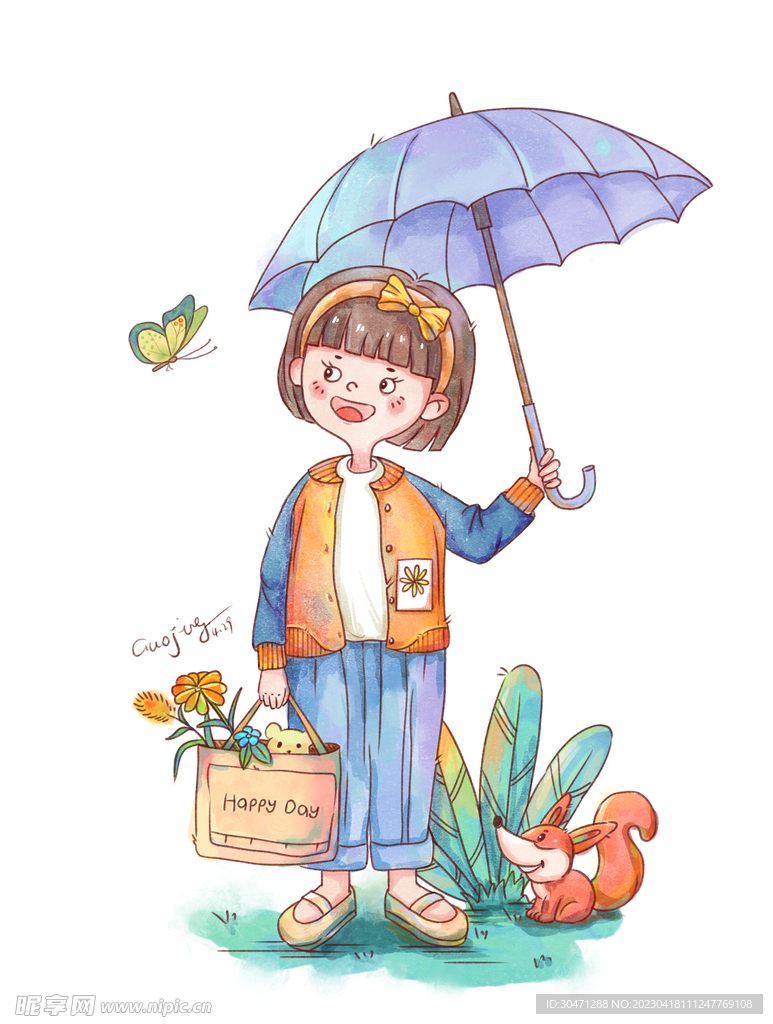 手绘水彩卡通小女孩