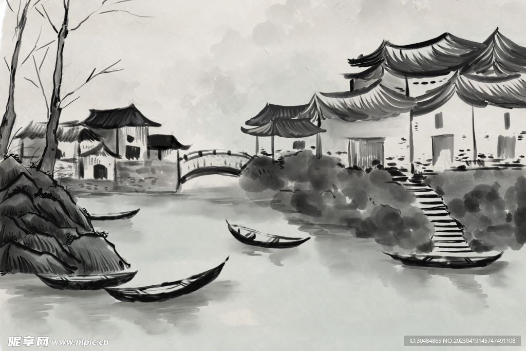 江南水乡水墨画