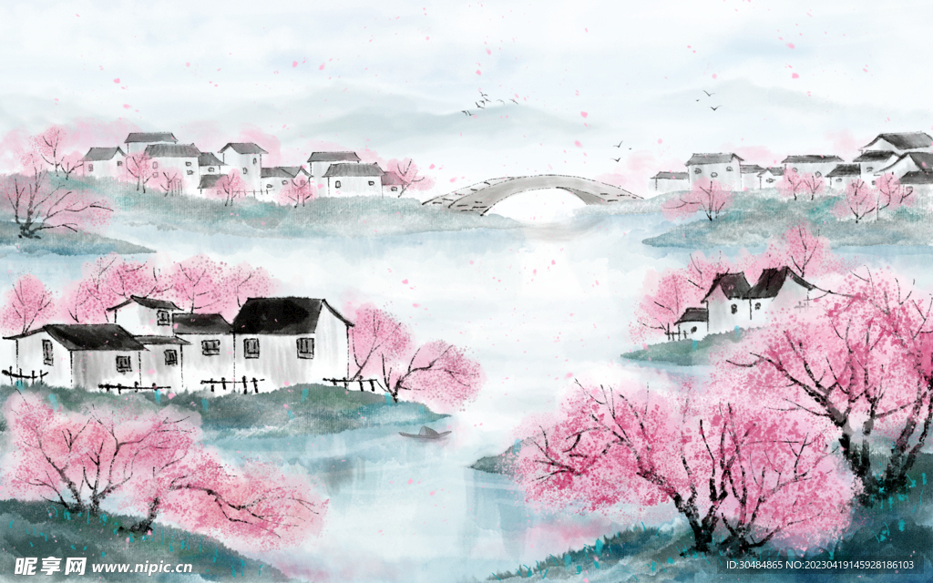 远山桃花风景图