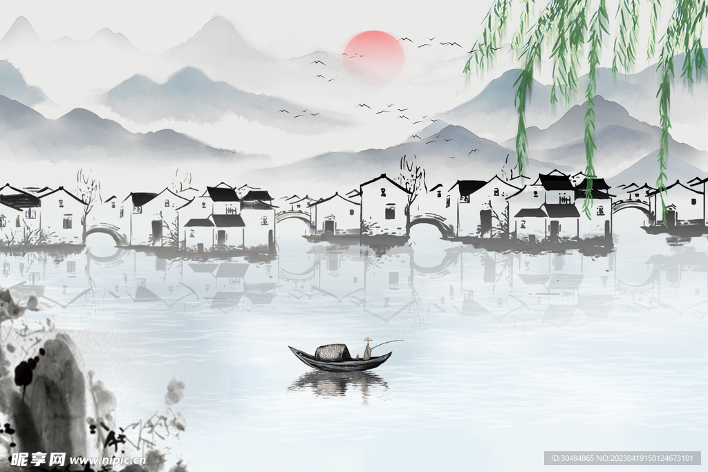 乡村水墨风景画