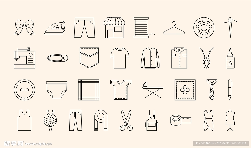 裁缝制衣主题简笔风格图标矢量