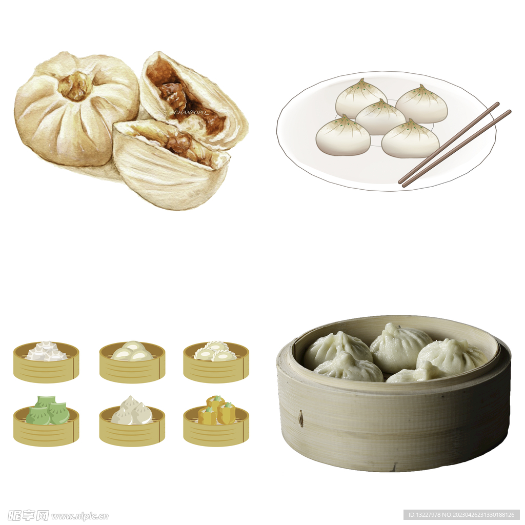 手绘卡通小笼包蒸包子