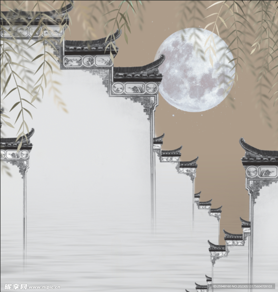 古建筑 月亮 仿古 壁画 