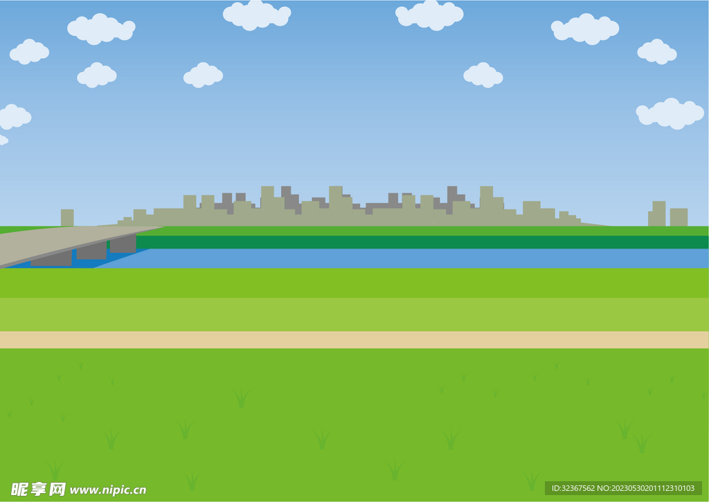 白云天空绿色草地插画