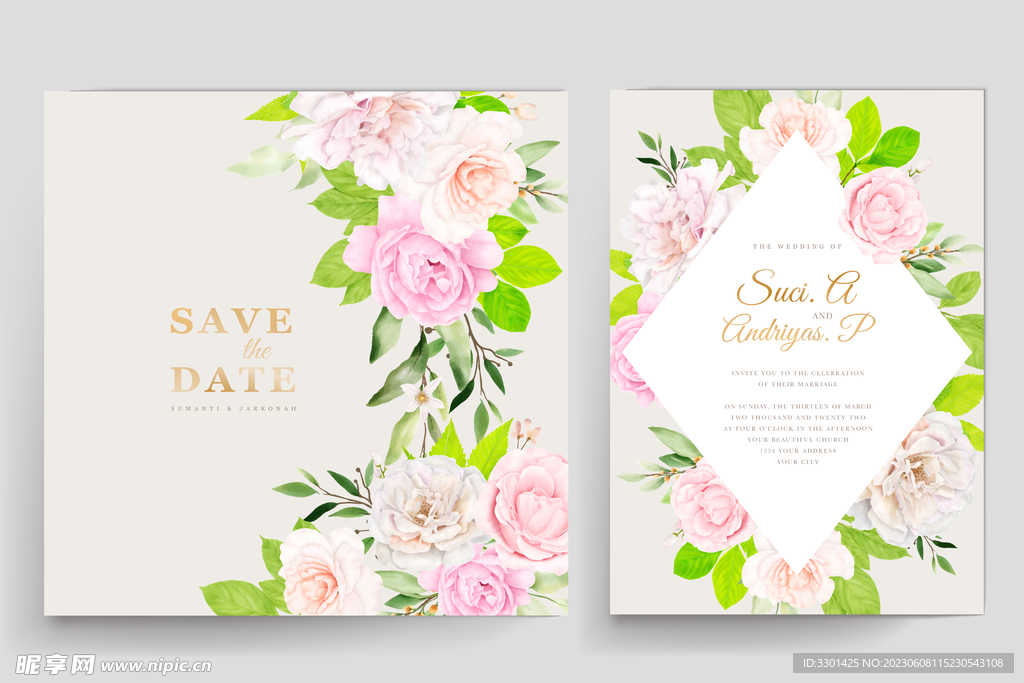 水彩玫瑰花装饰婚礼卡片