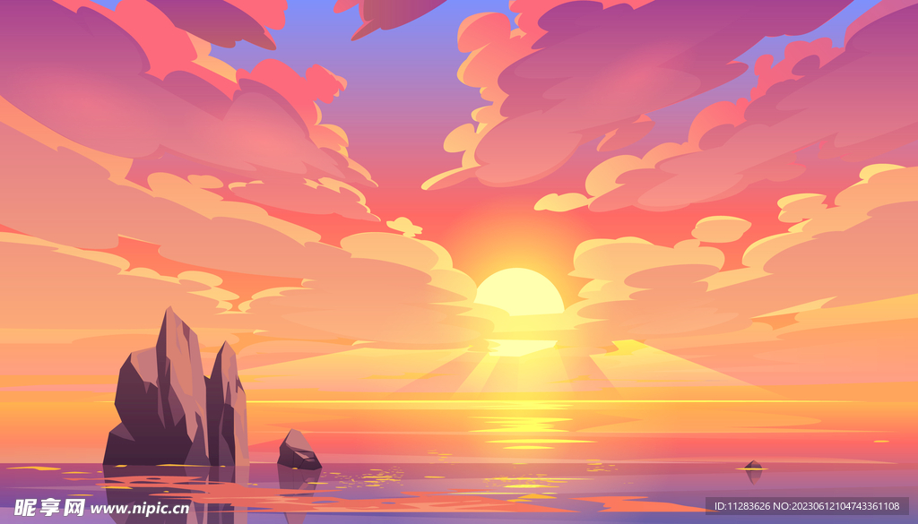 大海夕阳插画