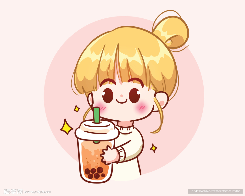 卡通喝奶茶
