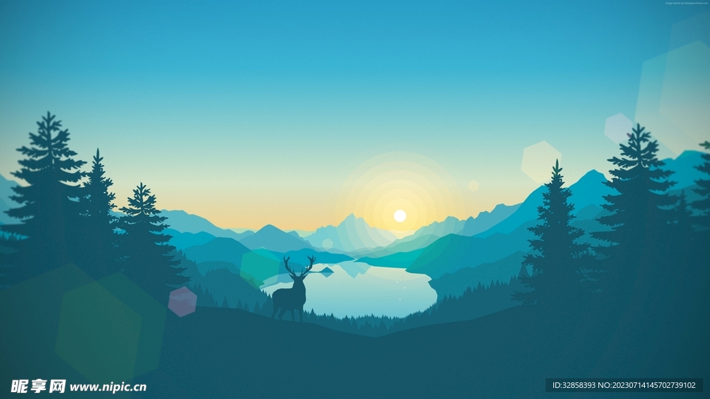 绿色高山湖泊插画风格背景