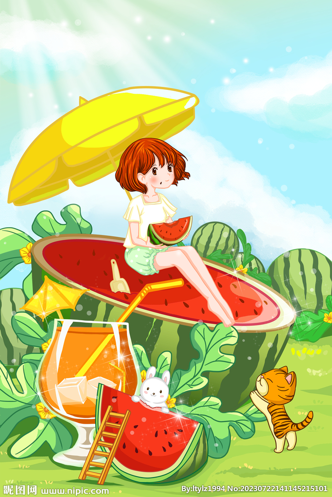 夏天吃西瓜的女孩插画