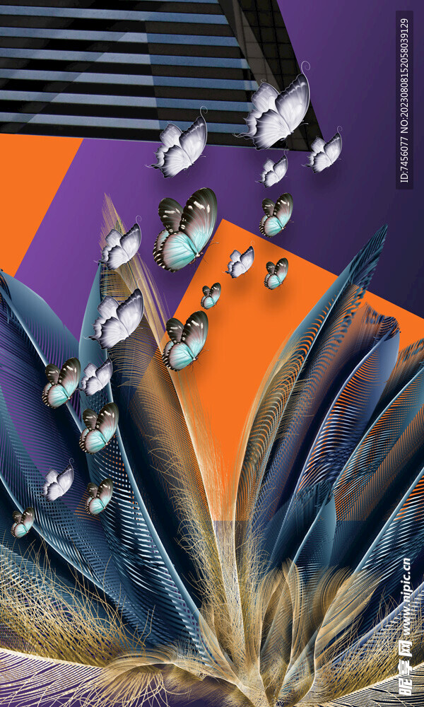 羽毛蝴蝶水彩艺术挂画装饰画