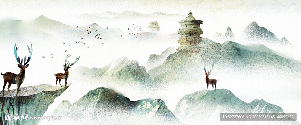 水墨山水麋鹿