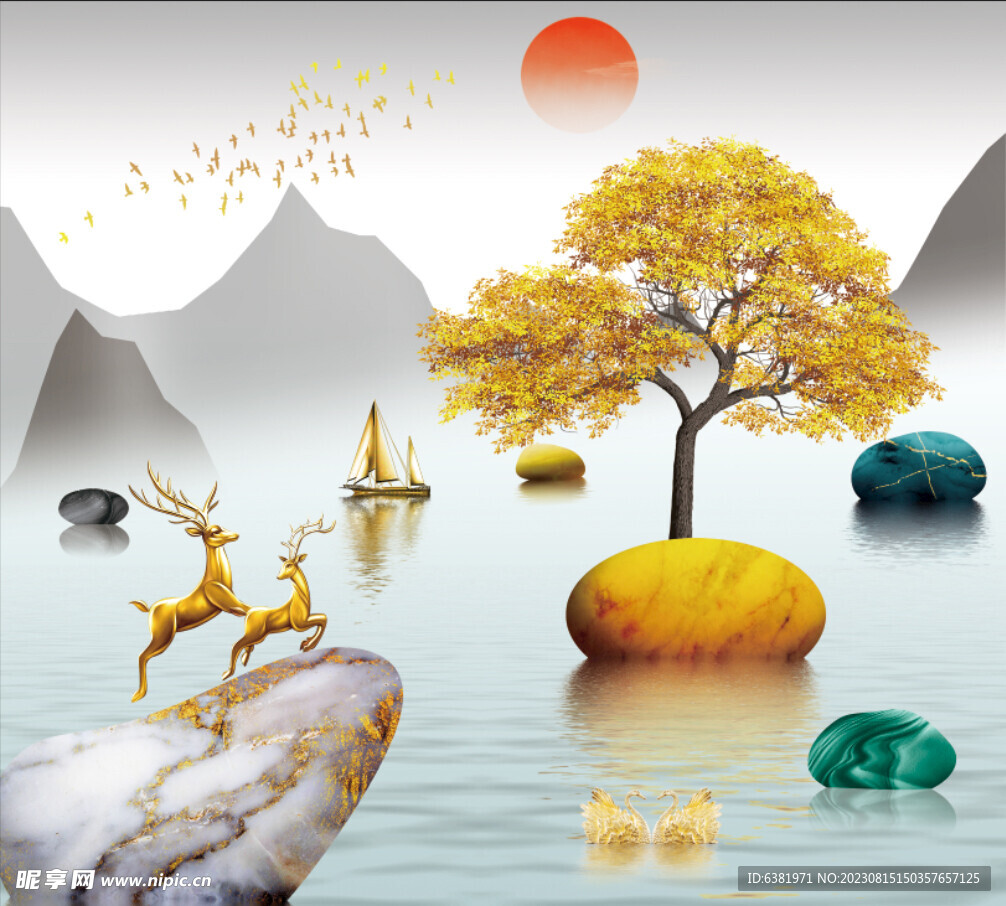 金麋鹿石来远转 新中式装饰画 