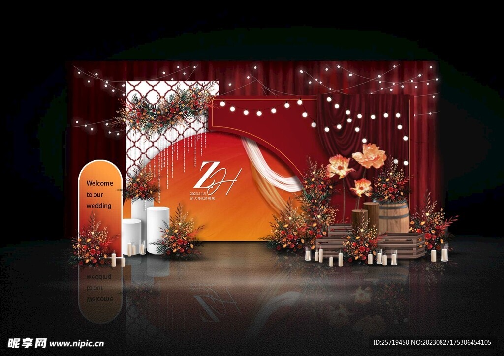 红橙色婚礼迎宾效果图
