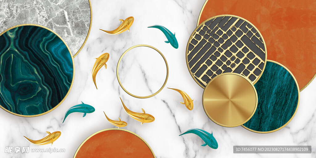 轻奢游鱼几何圆挂画装饰画