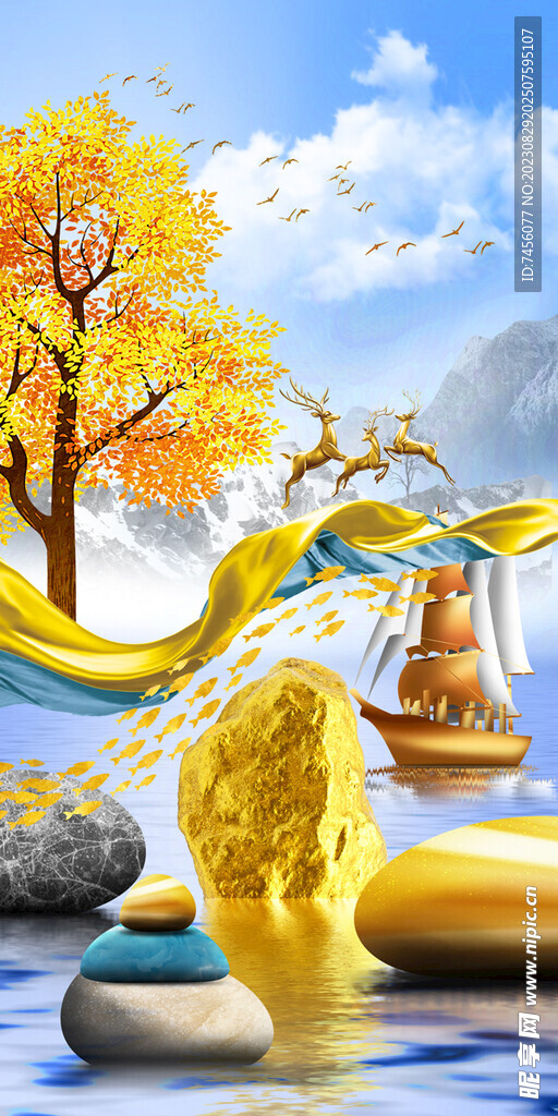 湖畔发财树玄关装饰画挂画