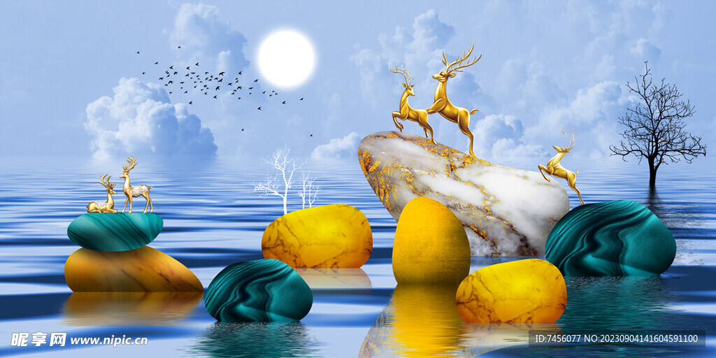 中式麋鹿湖畔艺术挂画装饰画