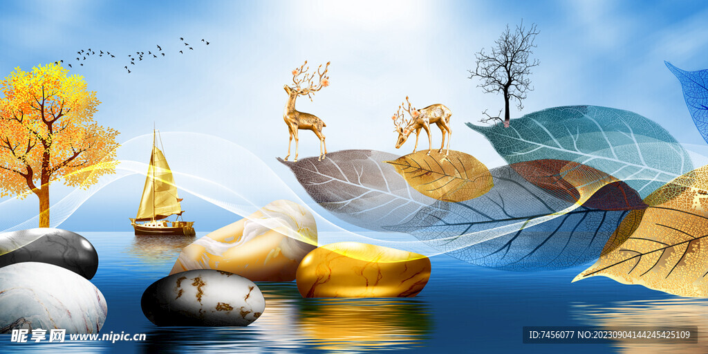 湖畔水彩树叶麋鹿艺术挂画装饰画