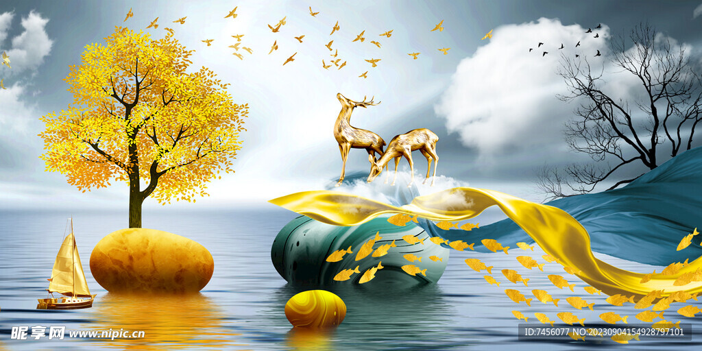 湖畔美景三联挂画装饰画