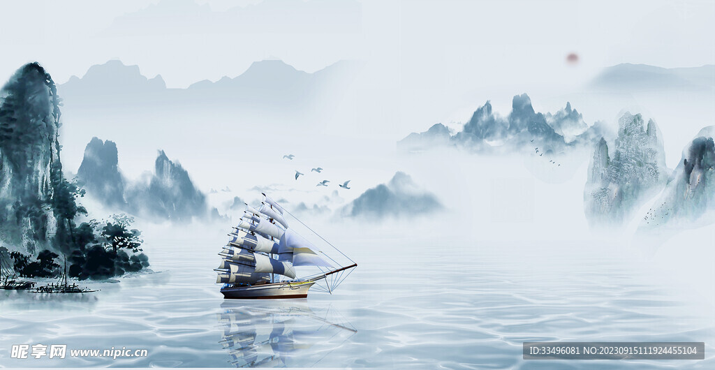 水墨山水画 帆船水墨