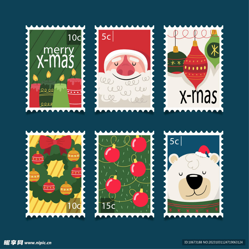 卡通手绘圣诞节邮票