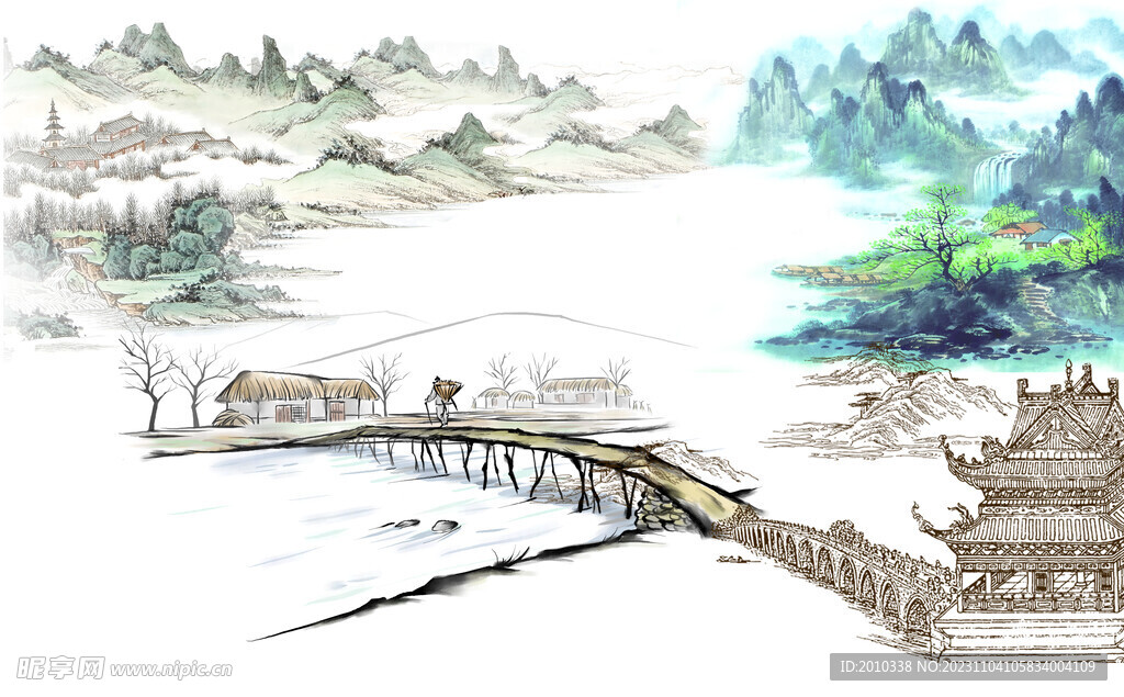 中国风山水画背景免抠素材