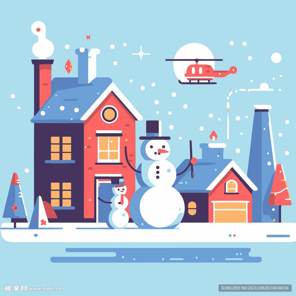 创意农村雪景插画