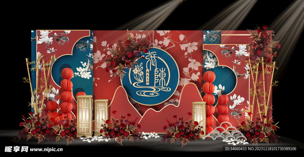 红蓝撞色新中式婚礼迎宾区