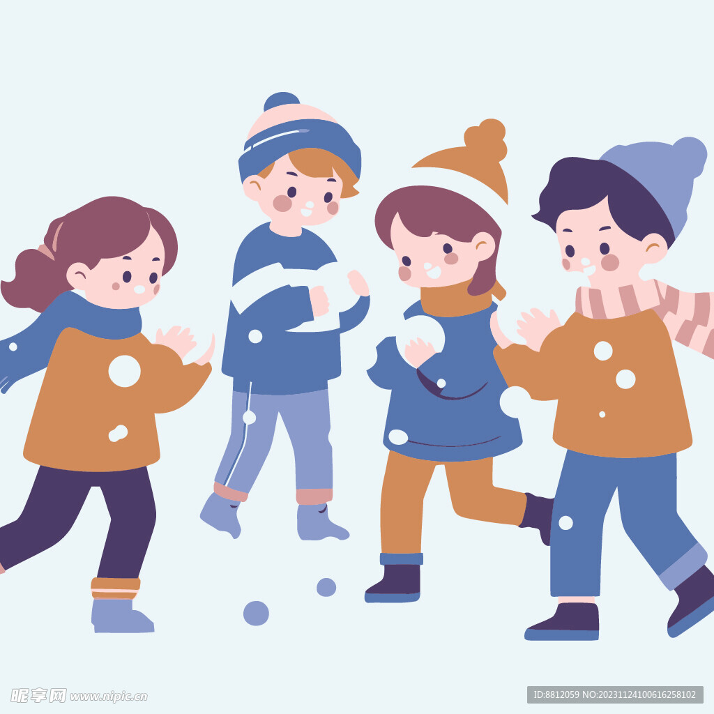 儿童打雪仗卡通扁平