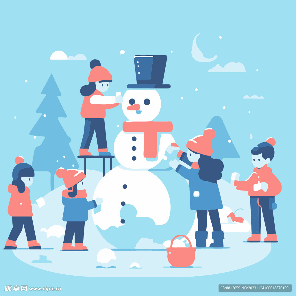 堆雪人打雪仗扁平插画