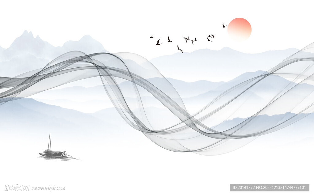 新中式蓝色意境飘带山水背景墙