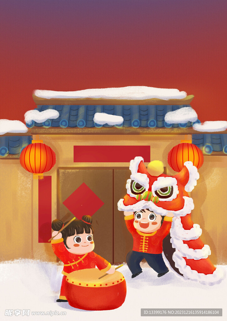 红色喜庆舞狮春节插画