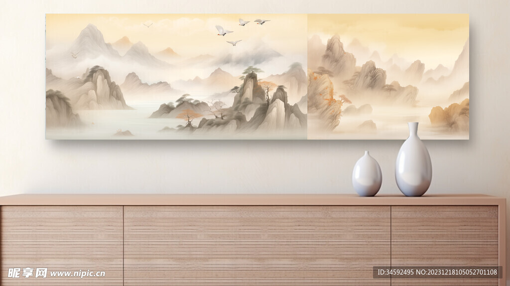 金色山水墨壁画背景