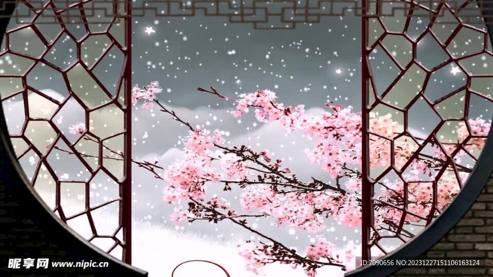 中国风墙外雪中梅花