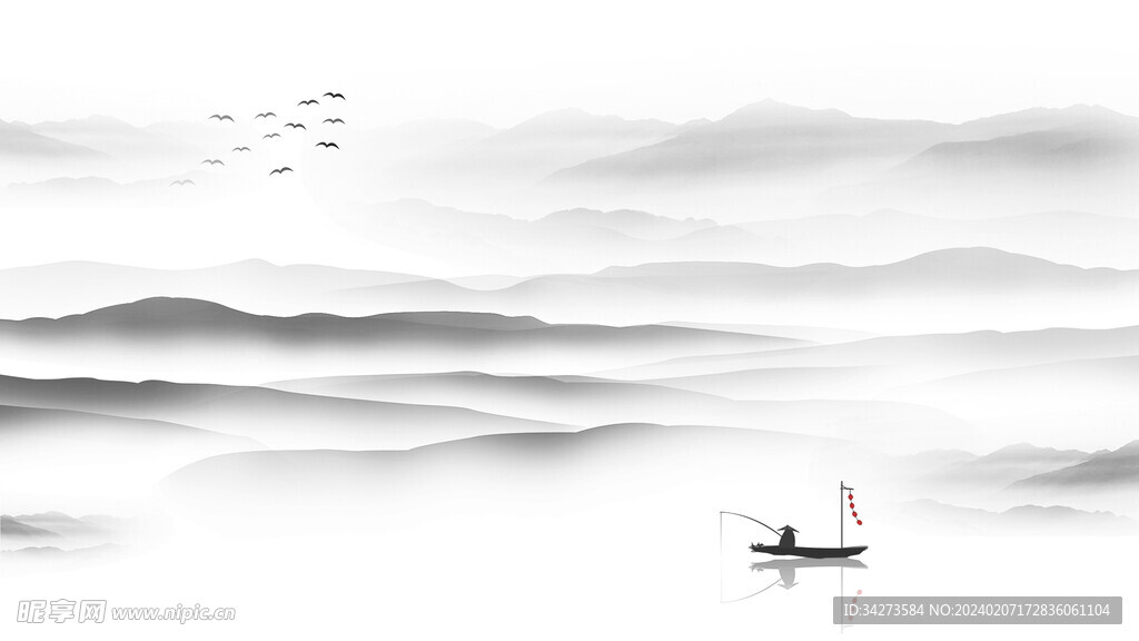 黑白山水钓渔翁