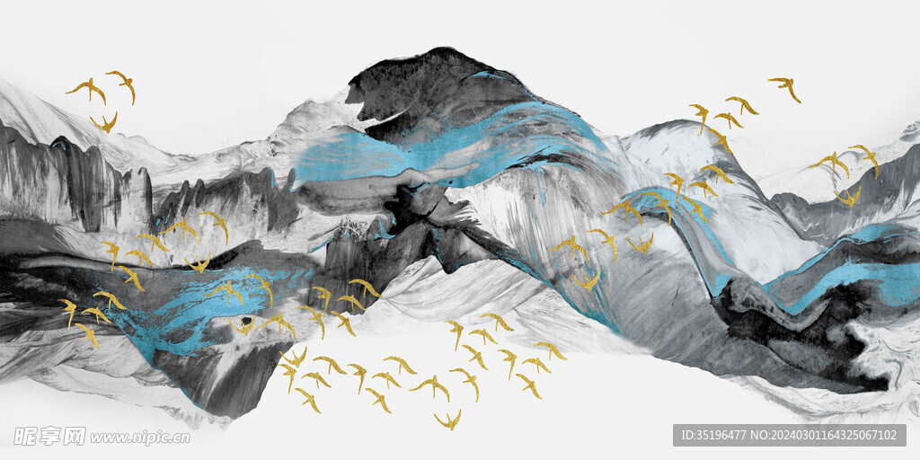 抽象山水飞鸟