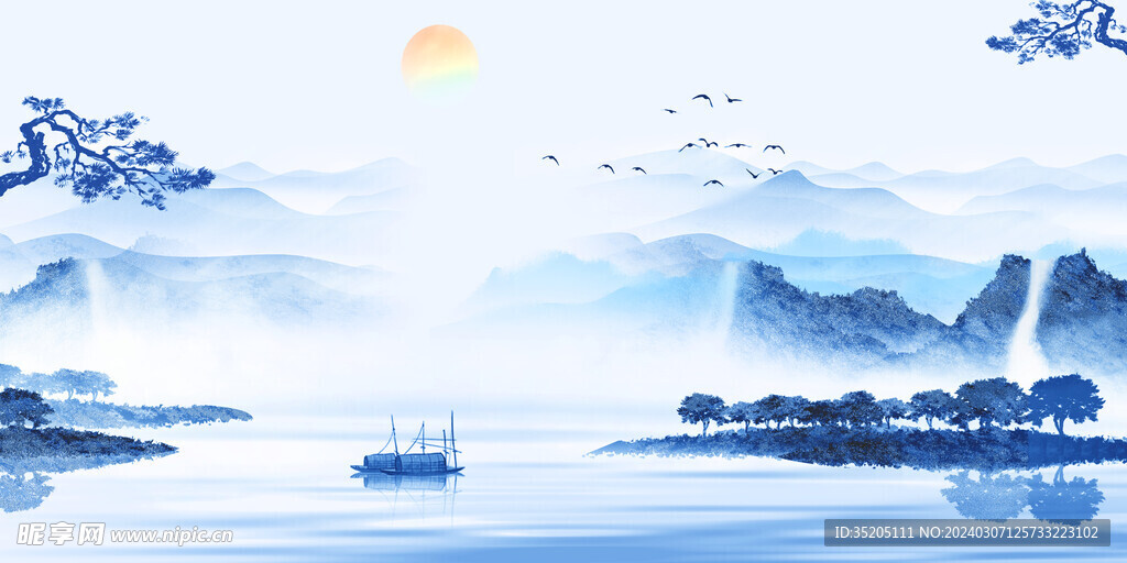 蓝色中国风水墨背景