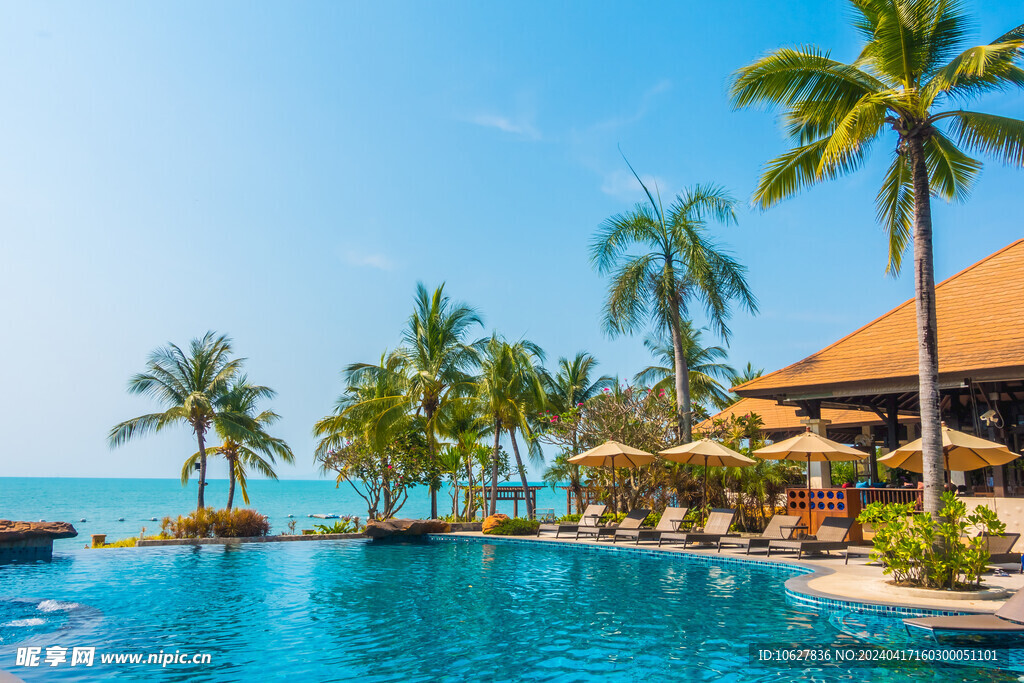 蓝天沙滩大海椰树游泳池