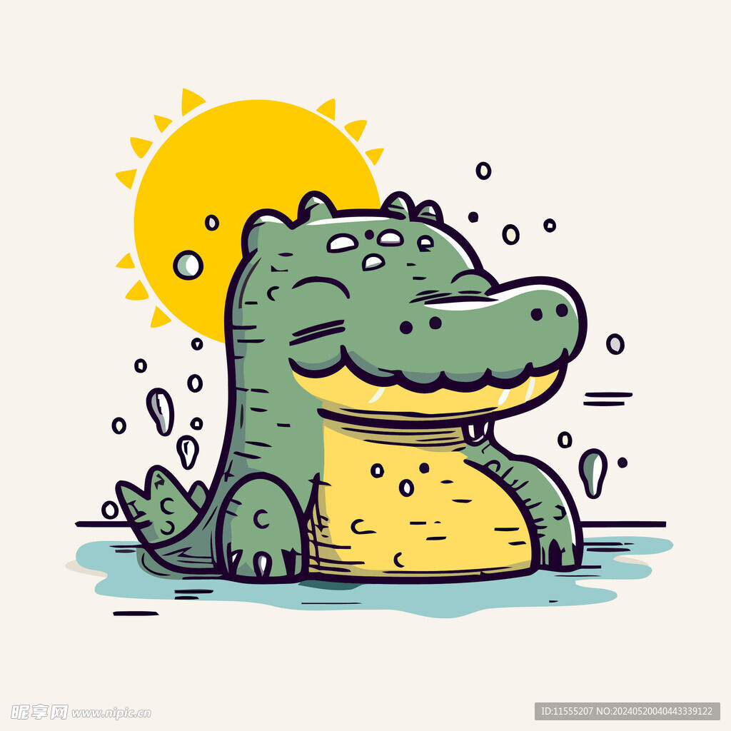 可爱晒太阳的鳄鱼卡通画儿童插画