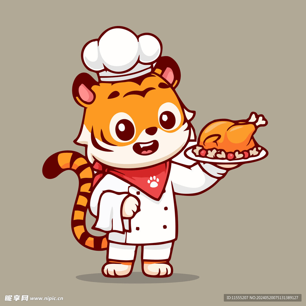 有趣老虎厨师鸡腿卡通儿童插画