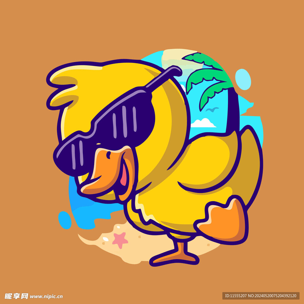 有趣度假海边小黄鸭卡通儿童插画