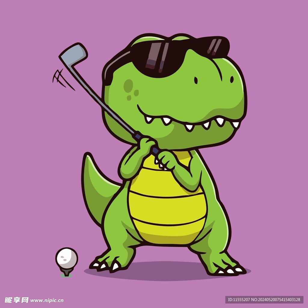 有趣恐龙打高尔夫卡通儿童插画