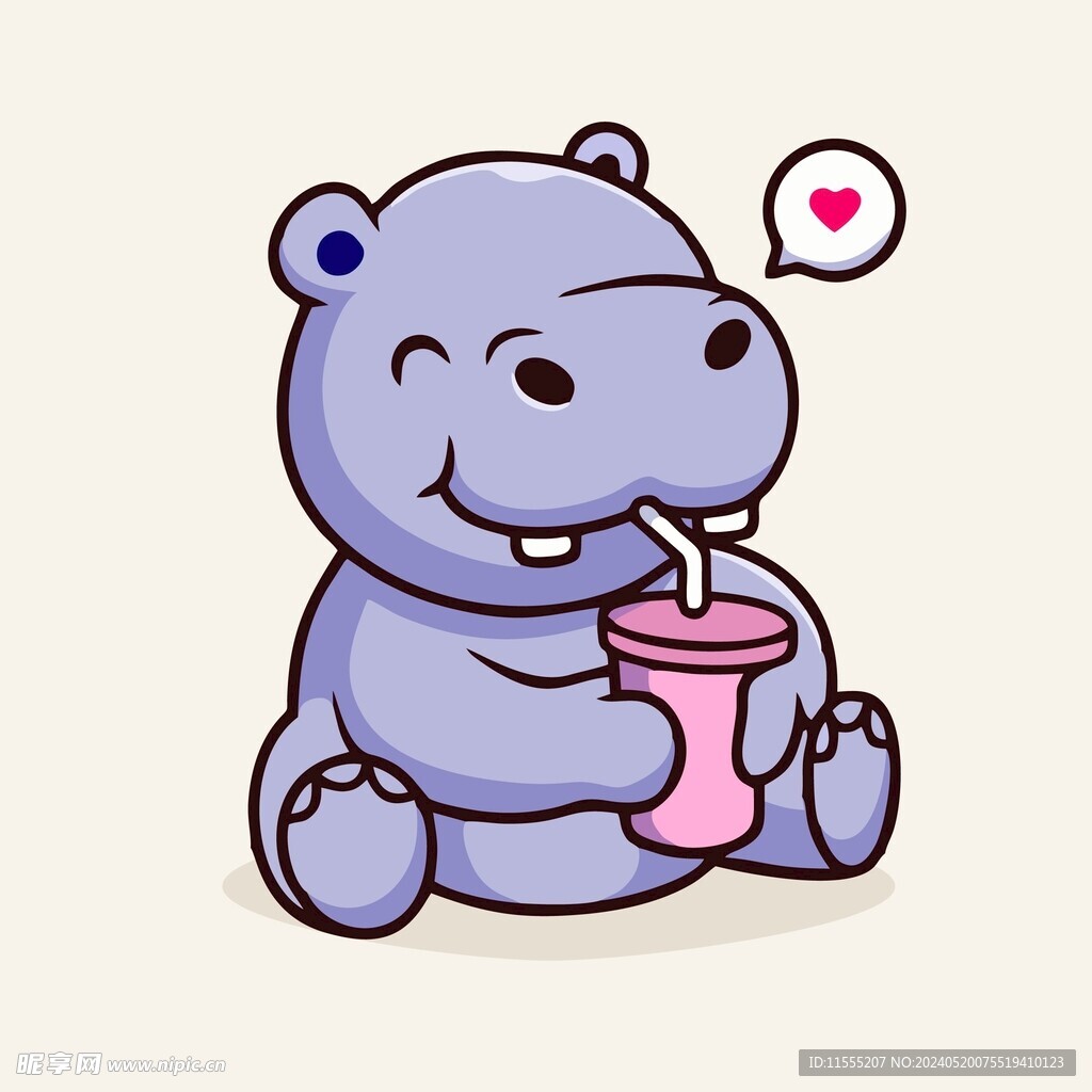 有趣喝奶茶河马卡通绘画儿童插画