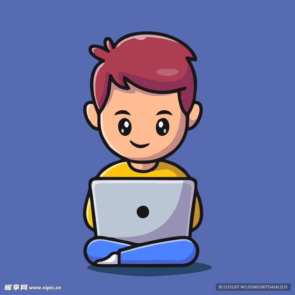 可爱玩电脑小哥哥矢量卡通插画