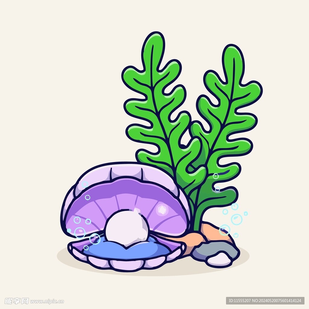 可爱珍珠河蚌矢量卡通插画